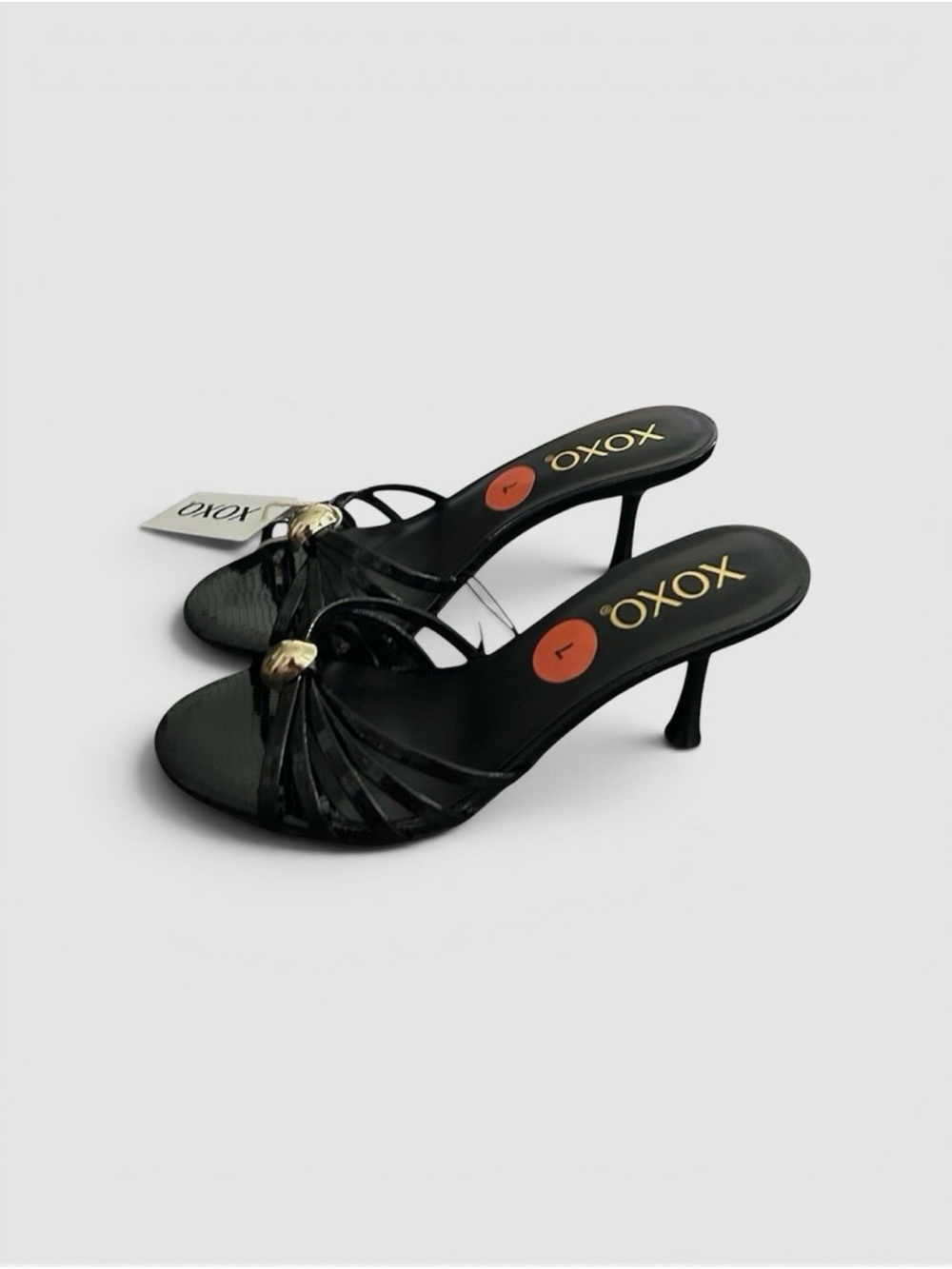 XOXO Black Strappy Mid Heel Slide Sandals Womens Size 7 Open Toe Dress